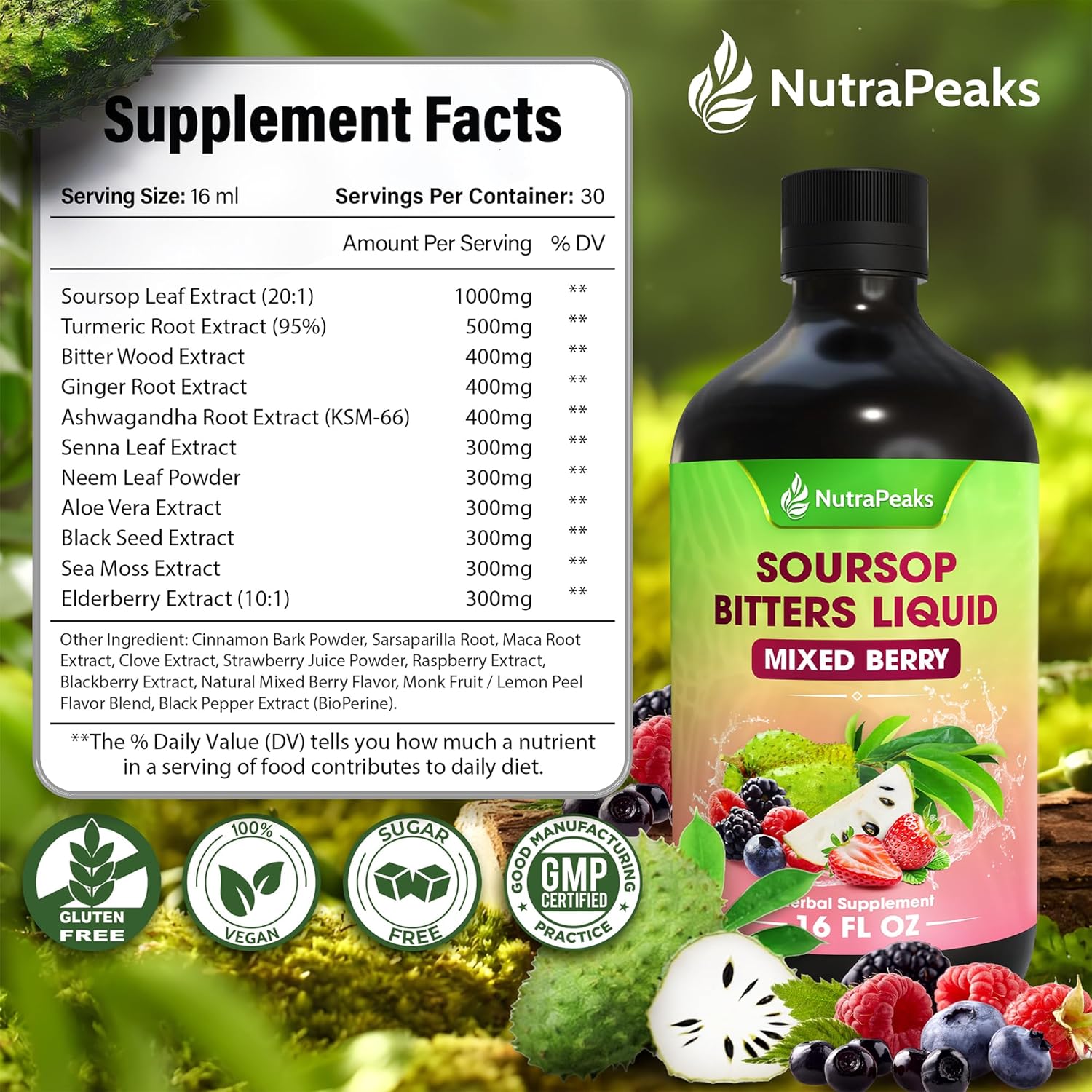 Soursop Bitters Liquid – Herbal Daily Wellness Formula with Soursop, Ginger, Turmeric & Black Seed Mixed Berry Flavor